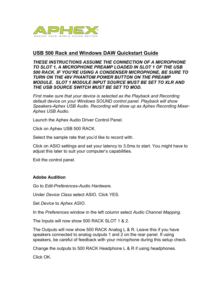 Aphex USB 500 Rack User Manual | 7 pages