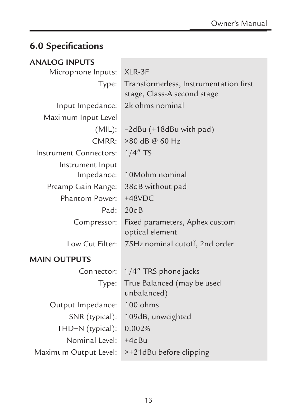 0 specifications | Aphex IN2 User Manual | Page 13 / 16