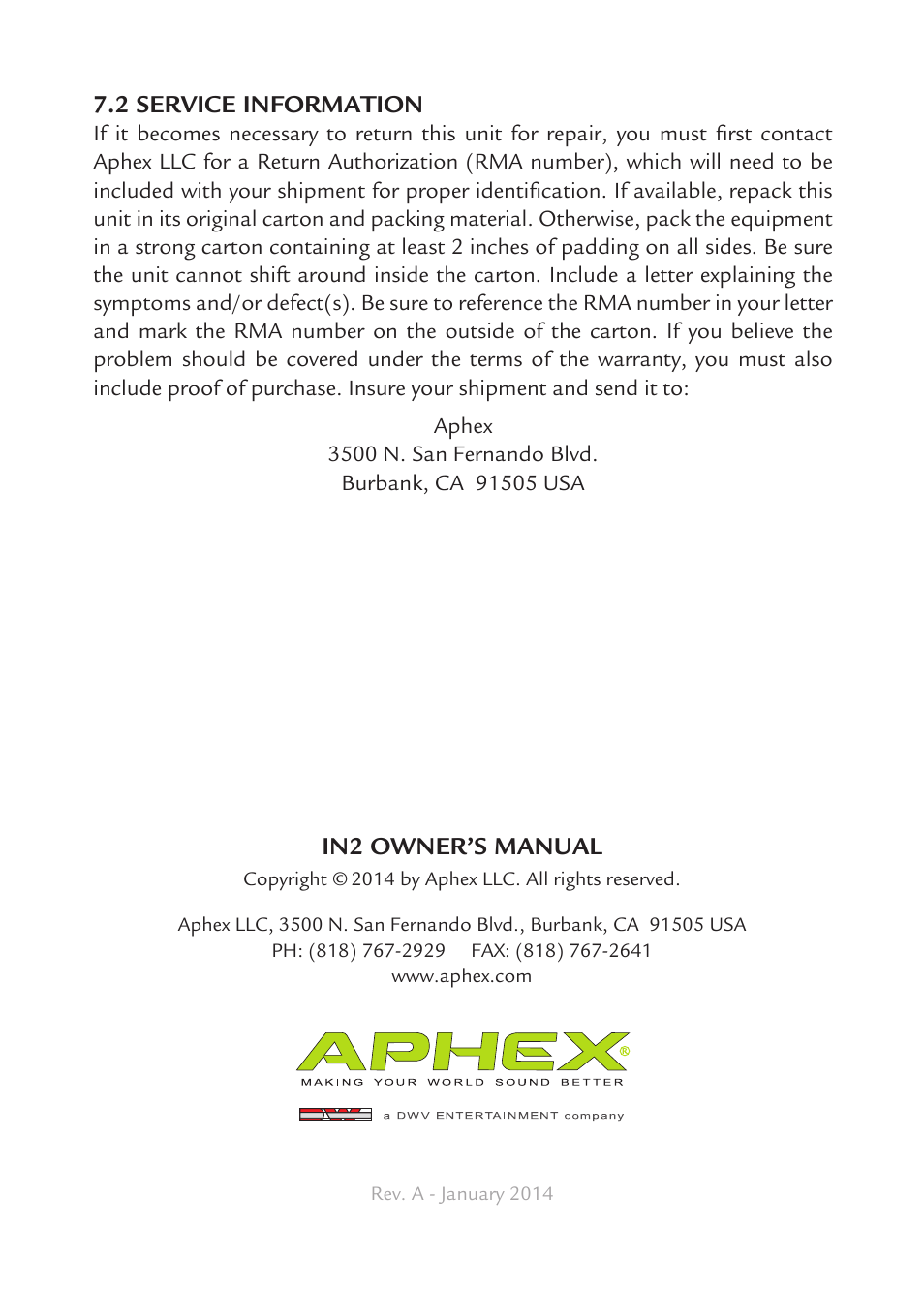 Aphex IN2 User Manual | Page 16 / 16