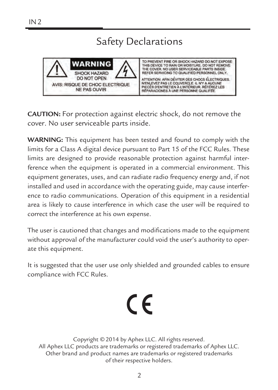 Safety declarations | Aphex IN2 User Manual | Page 2 / 16