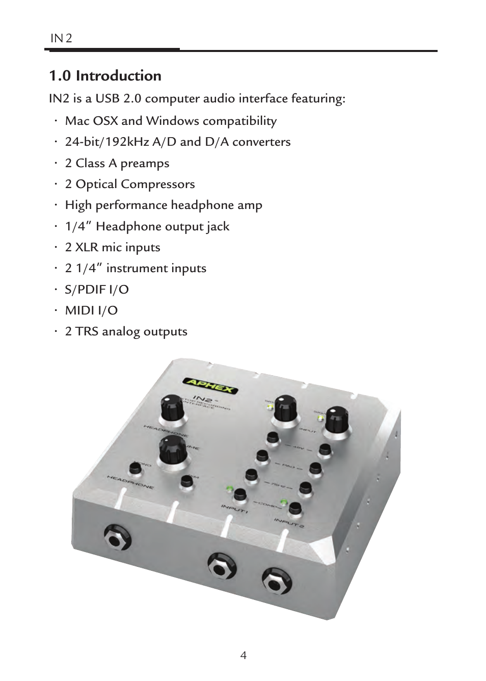 0 introduction | Aphex IN2 User Manual | Page 4 / 16