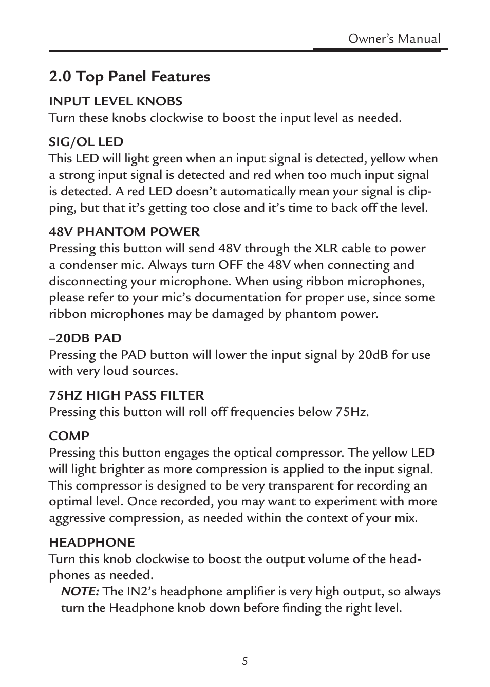 0 top panel features | Aphex IN2 User Manual | Page 5 / 16