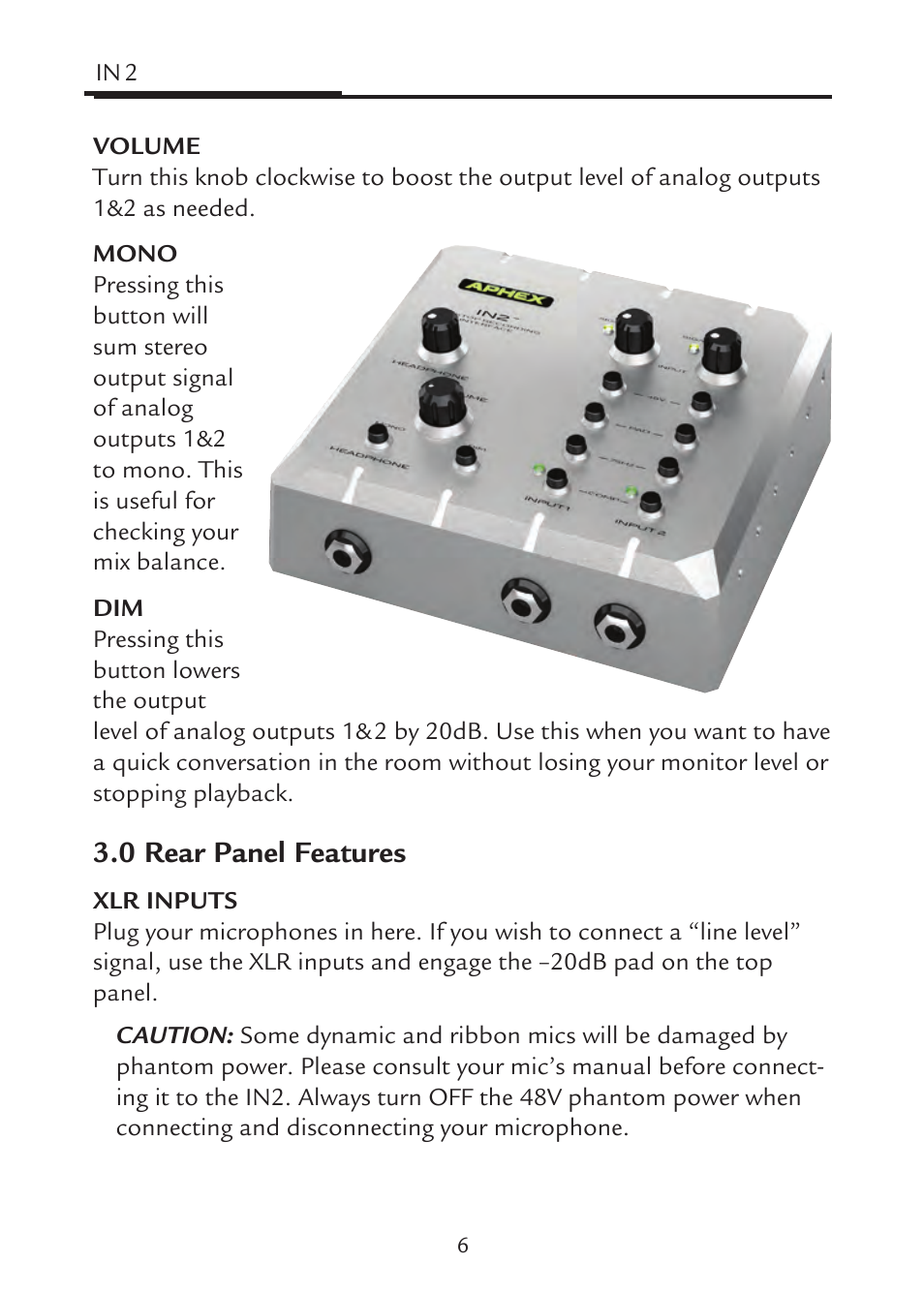 0 rear panel features | Aphex IN2 User Manual | Page 6 / 16