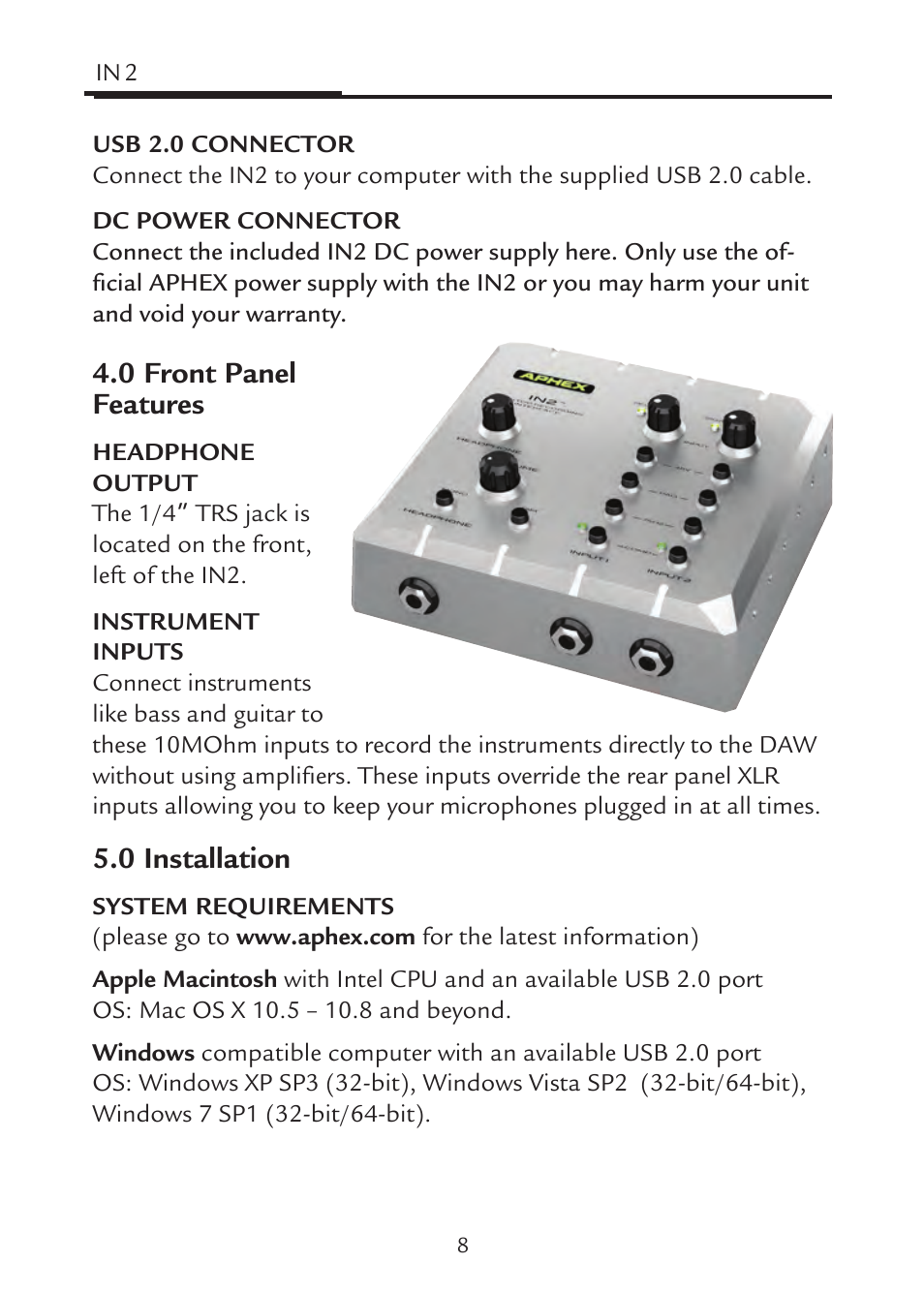 0 front panel features, 0 installation | Aphex IN2 User Manual | Page 8 / 16