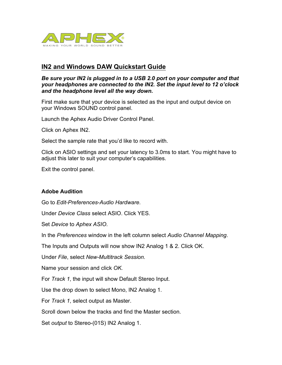 Aphex IN2 User Manual | 6 pages