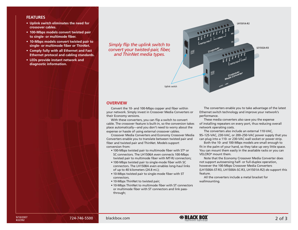 2 of 3, Features, Overview | Black Box LE1501A-R2LE1502A-R3 User Manual | Page 2 / 3
