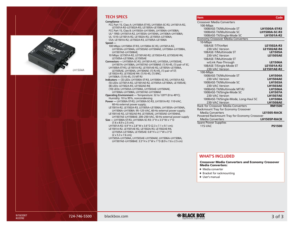 3 of 3, Tech specs, What‘s included | Black Box LE1501A-R2LE1502A-R3 User Manual | Page 3 / 3