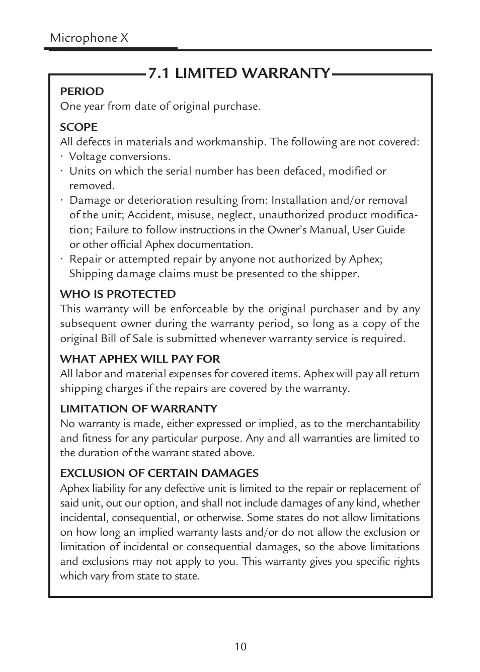 1 limited warranty | Aphex Microphone X User Manual | Page 10 / 12