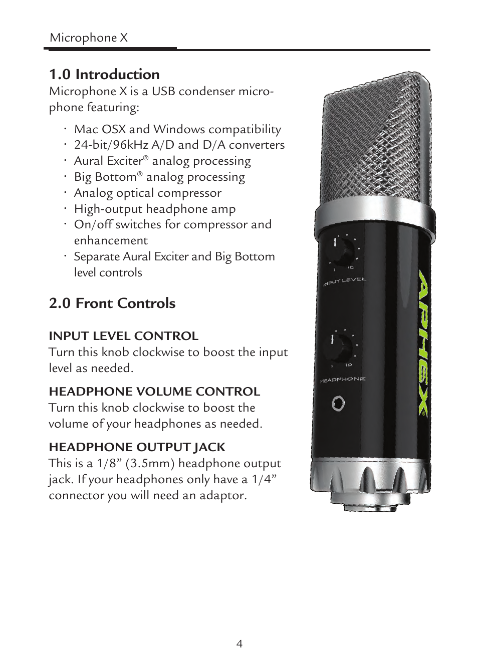 0 introduction, 0 front controls | Aphex Microphone X User Manual | Page 4 / 12