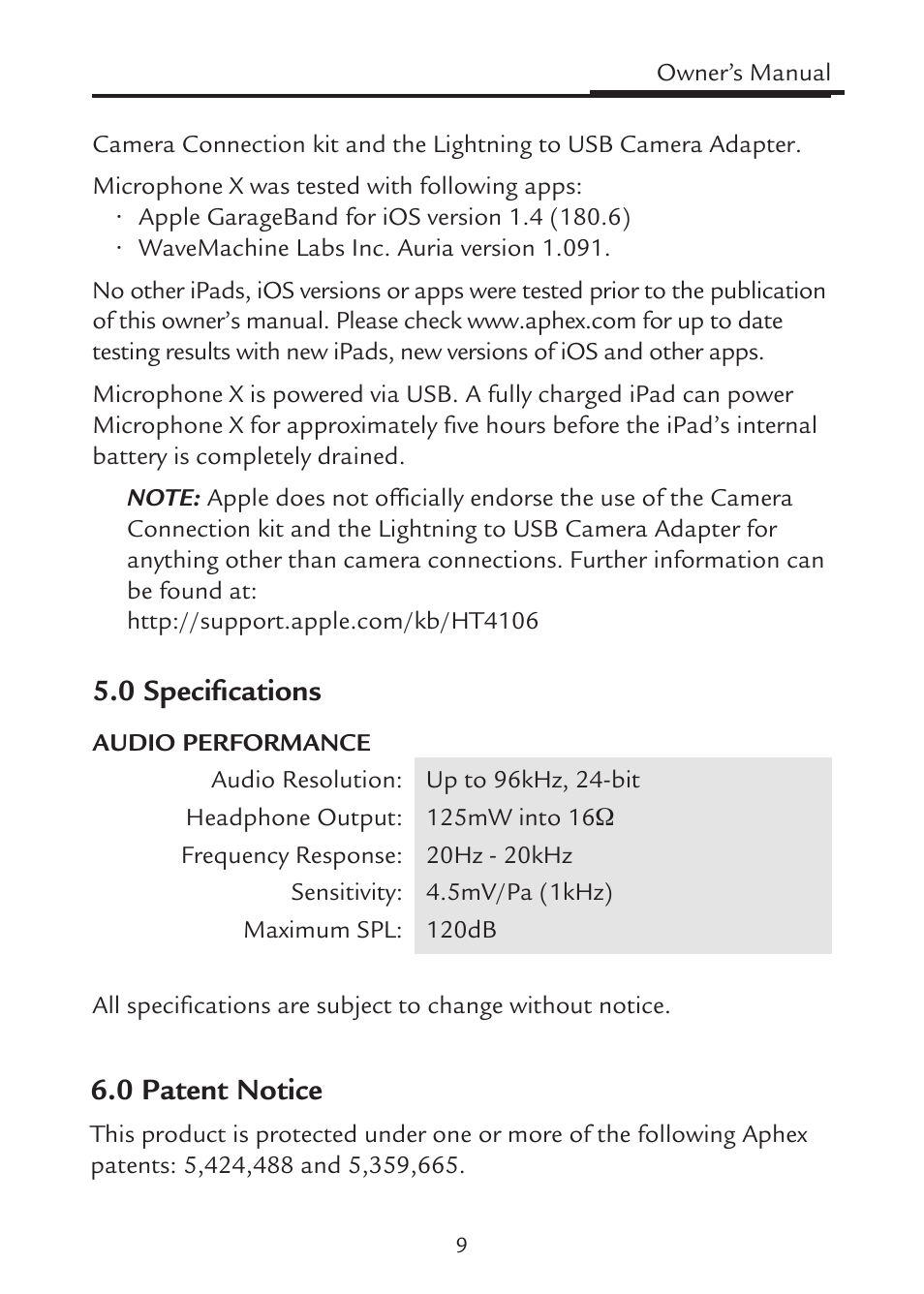 0 specifications 6.0 patent notice | Aphex Microphone X User Manual | Page 9 / 12