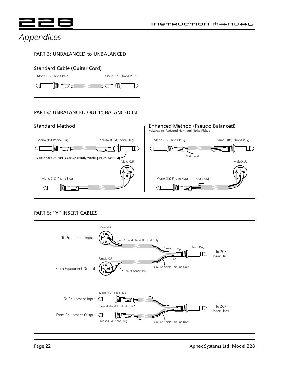 Appendices, Instruction manual, Part 3: unbalanced to unbalanced | Part 4: unbalanced out to balanced in, Standard method standard cable (guitar cord), Enhanced method (pseudo balanced), Part 5: “y” insert cables | Aphex 228 User Manual | Page 23 / 24