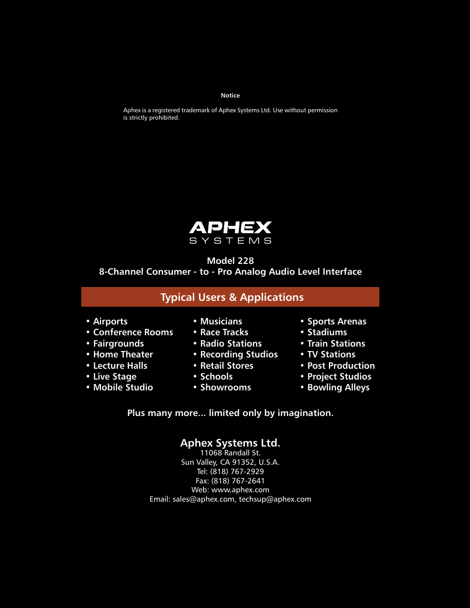 Typical users & applications, Aphex systems ltd | Aphex 228 User Manual | Page 24 / 24
