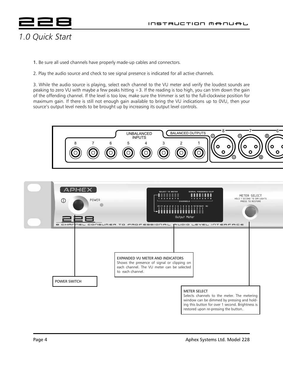 0 quick start | Aphex 228 User Manual | Page 5 / 24