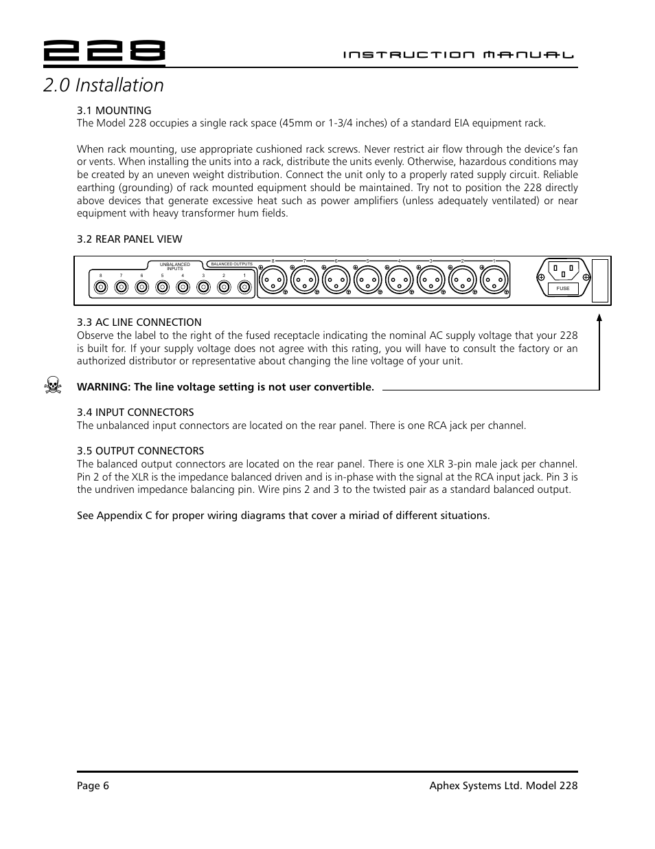 0 installation, Instruction manual, Channel audio interface | Aphex 228 User Manual | Page 7 / 24