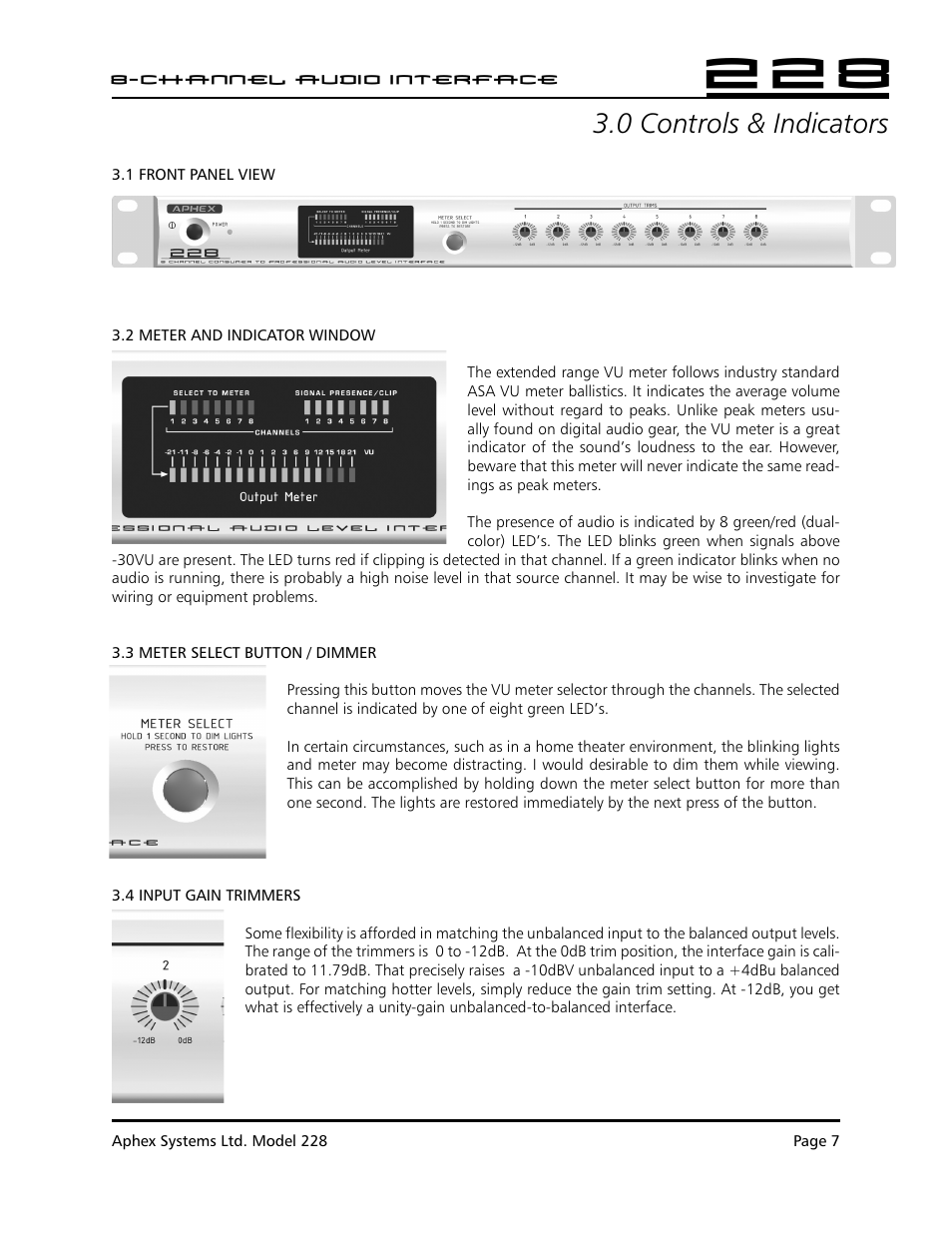 0 controls & indicators | Aphex 228 User Manual | Page 8 / 24