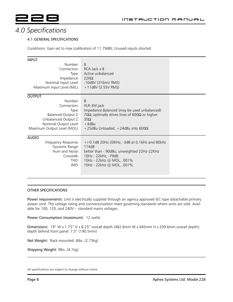 0 specifications | Aphex 228 User Manual | Page 9 / 24