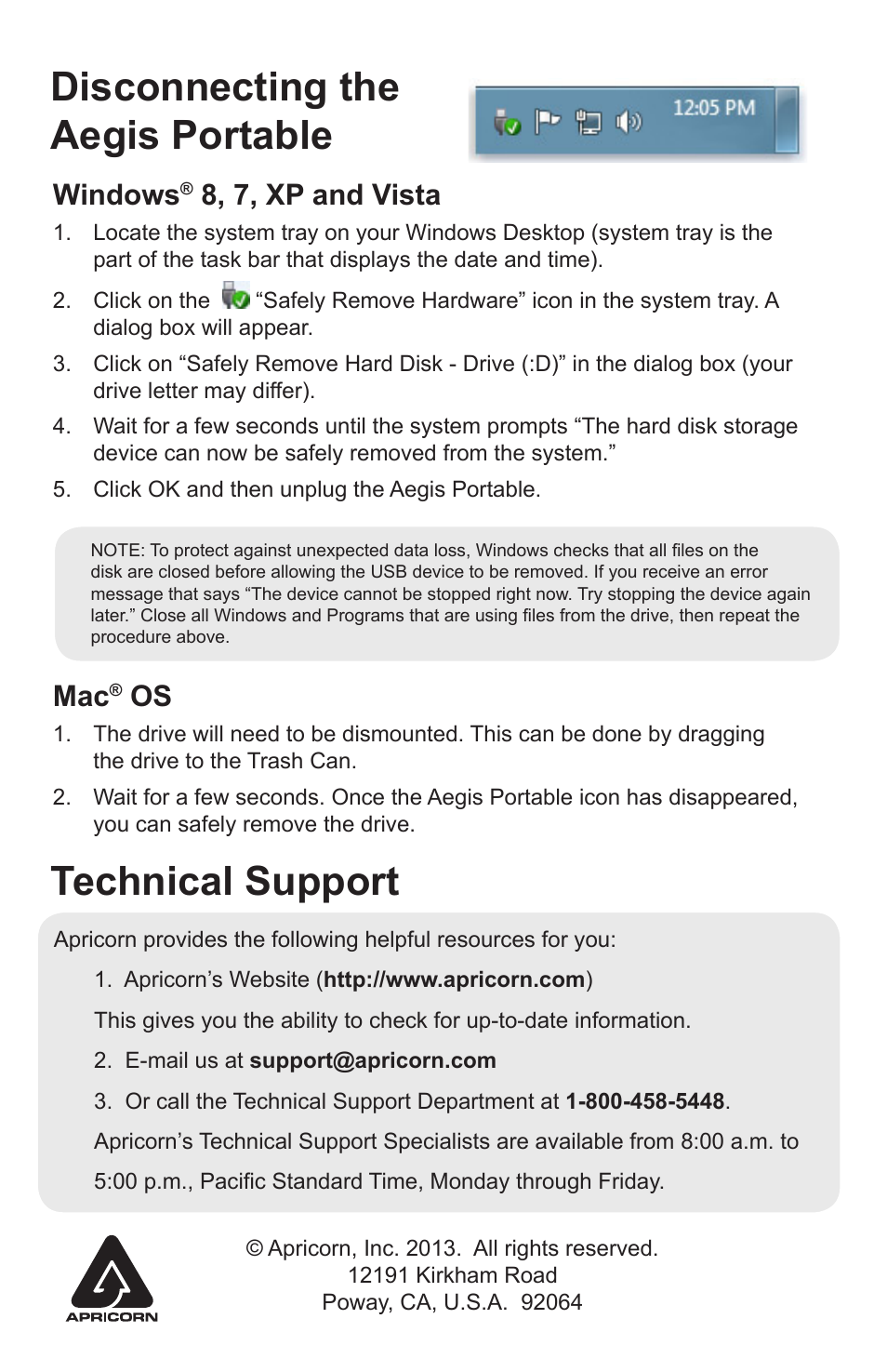 Technical support, Disconnecting the aegis portable, Windows | 8, 7, xp and vista | Apricorn Aegis Portable 3.0 User Manual | Page 2 / 2