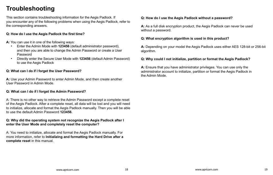 Troubleshooting | Apricorn Aegis Padlock USB 3.0 - Solid State Drive User Manual | Page 10 / 11