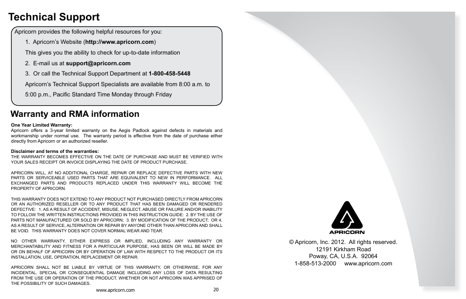 Technical support, Warranty and rma information | Apricorn Aegis Padlock USB 3.0 - Solid State Drive User Manual | Page 11 / 11