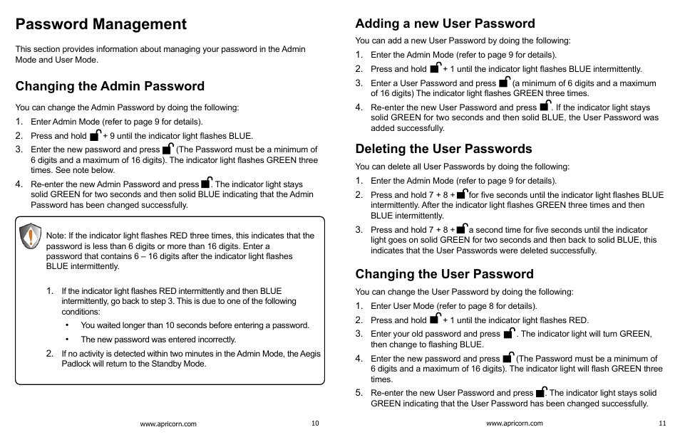Password management, Changing the admin password, Adding a new user password | Deleting the user passwords, Changing the user password | Apricorn Aegis Padlock USB 3.0 - Solid State Drive User Manual | Page 6 / 11