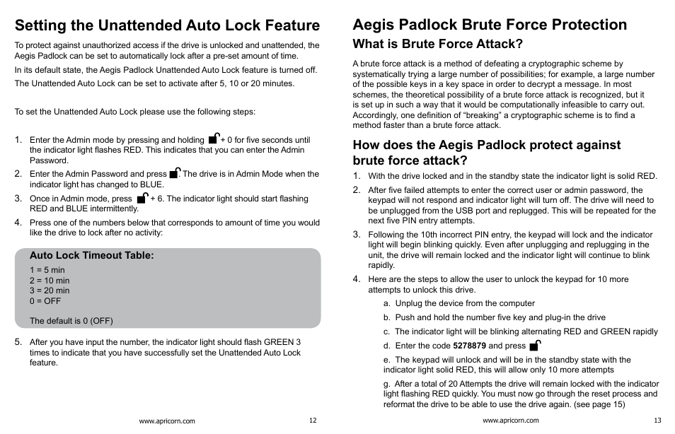 Setting the unattended auto lock feature, Aegis padlock brute force protection, What is brute force attack | Apricorn Aegis Padlock USB 3.0 - Solid State Drive User Manual | Page 7 / 11