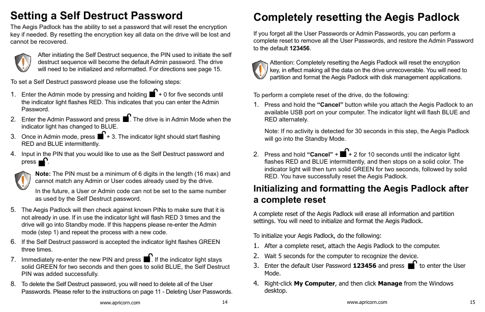 Setting a self destruct password, Completely resetting the aegis padlock | Apricorn Aegis Padlock USB 3.0 - Solid State Drive User Manual | Page 8 / 11