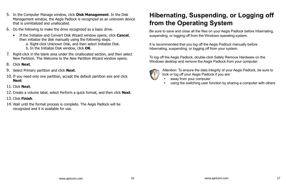 Hibernating, suspending, or logging off | Apricorn Aegis Padlock USB 3.0 - Solid State Drive User Manual | Page 9 / 11
