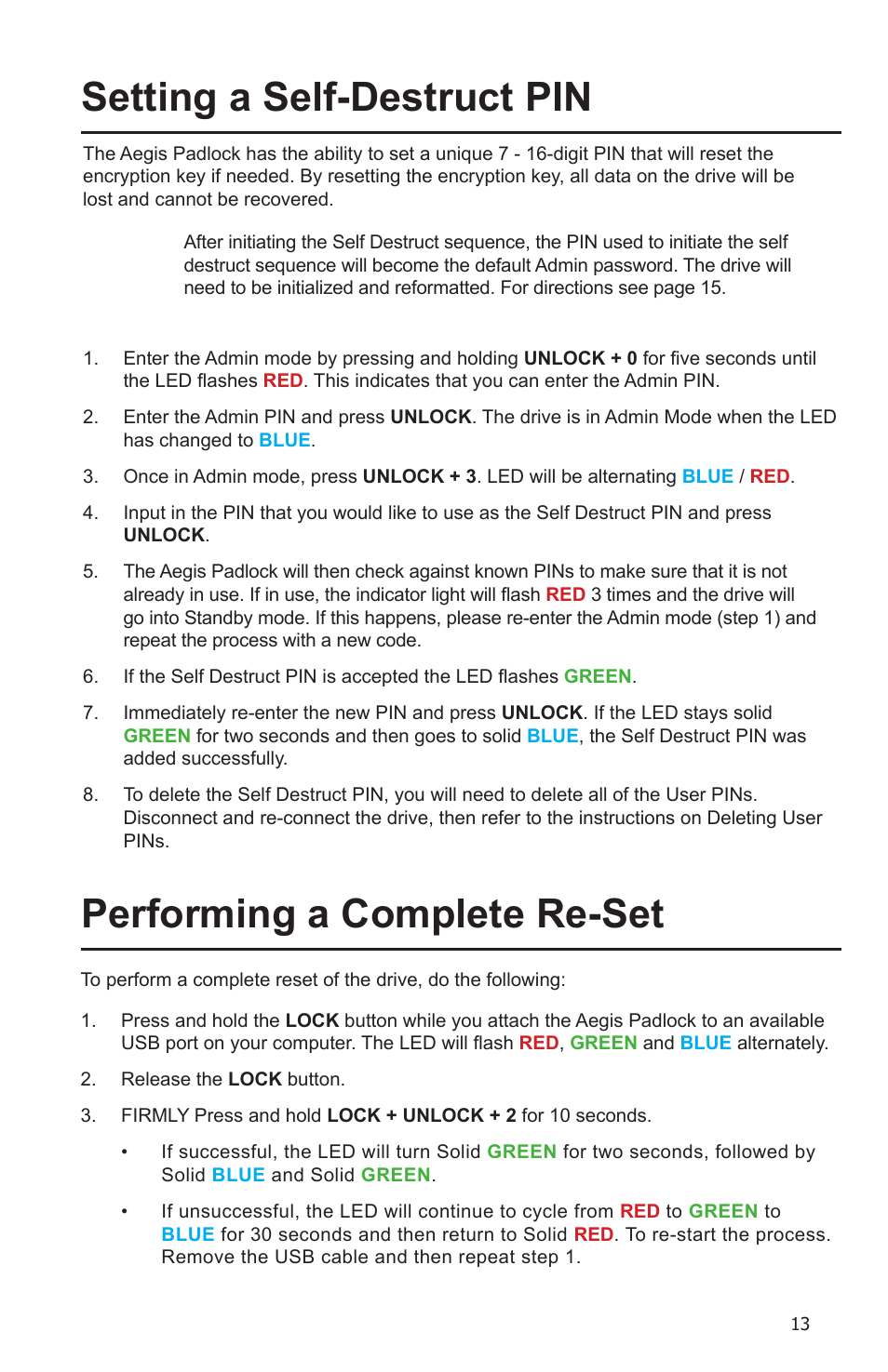 Setting a self-destruct pin, Performing a complete re-set | Apricorn Aegis Padlock Fortress - USB 3.0 Solid State Drive User Manual | Page 13 / 21