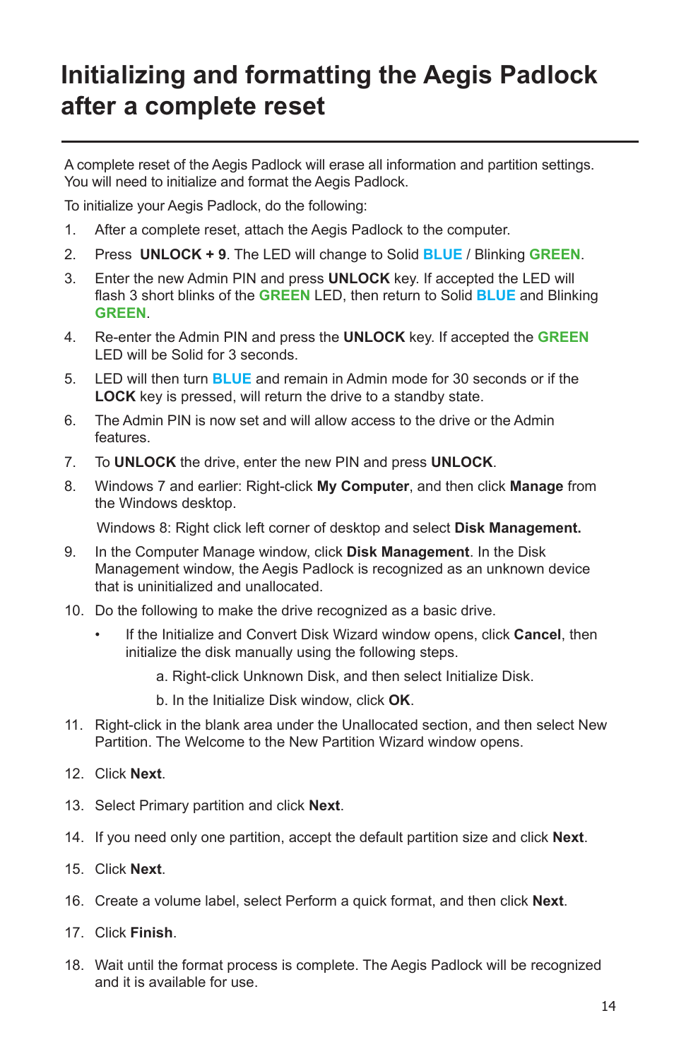 Apricorn Aegis Padlock Fortress - USB 3.0 Solid State Drive User Manual | Page 14 / 21