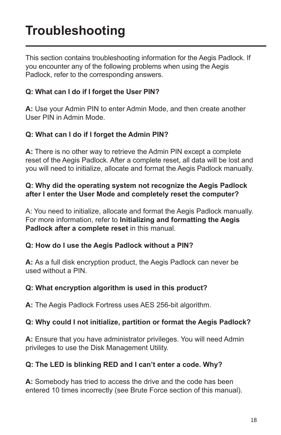 Troubleshooting | Apricorn Aegis Padlock Fortress - USB 3.0 Solid State Drive User Manual | Page 18 / 21