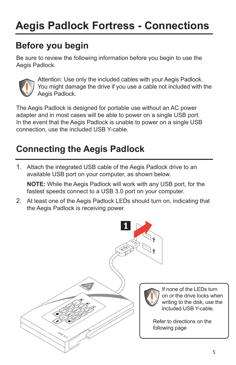 Aegis padlock fortress - connections, About the aegis padlock fortress drive, Before you begin | Connecting the aegis padlock | Apricorn Aegis Padlock Fortress - USB 3.0 Solid State Drive User Manual | Page 5 / 21