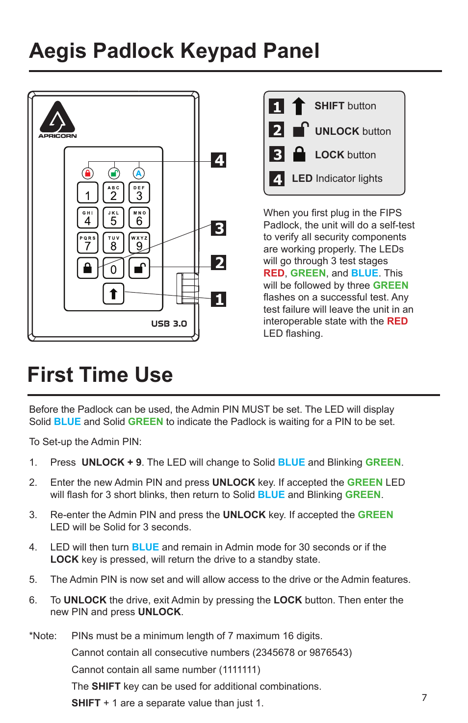 First time use, Aegis padlock keypad panel | Apricorn Aegis Padlock Fortress - USB 3.0 Solid State Drive User Manual | Page 7 / 21