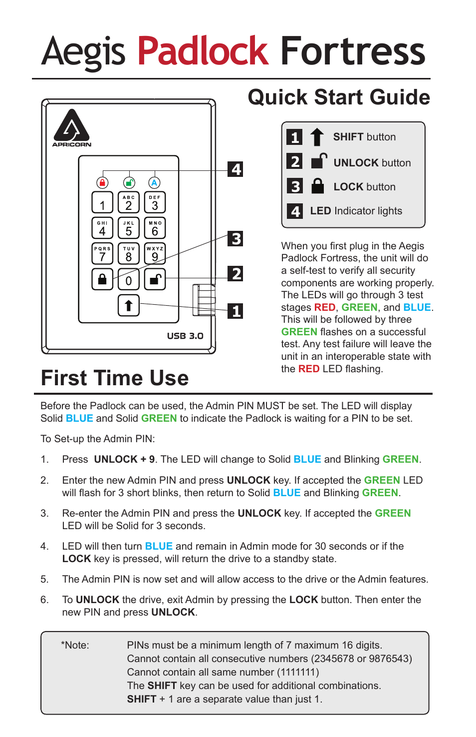 Apricorn Aegis Padlock Fortress - USB 3.0 Solid State Drive User Manual | 2 pages