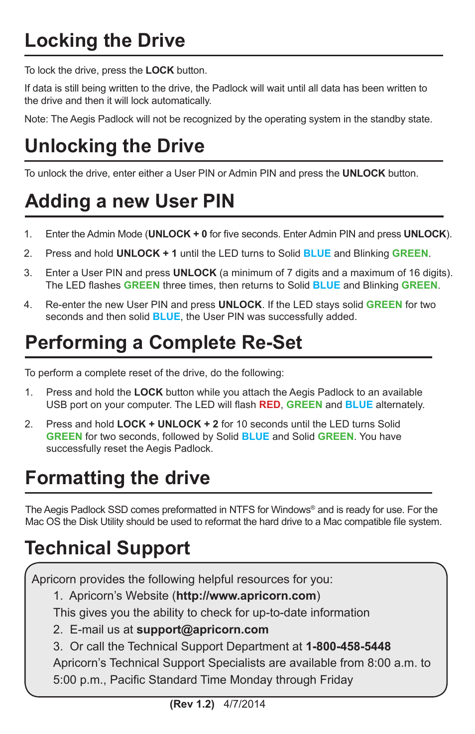 Locking the drive, Unlocking the drive, Adding a new user pin performing a complete re-set | Technical support, Formatting the drive | Apricorn Aegis Padlock SSD - USB 3.0 Solid State Drive User Manual | Page 2 / 2