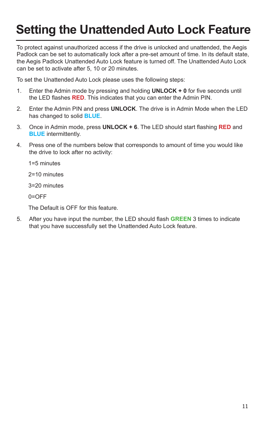 Setting the unattended auto lock feature | Apricorn Aegis Padlock SSD - USB 3.0 Solid State Drive User Manual | Page 11 / 21