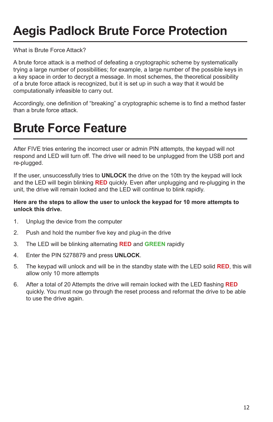 Aegis padlock brute force protection, Brute force feature | Apricorn Aegis Padlock SSD - USB 3.0 Solid State Drive User Manual | Page 12 / 21