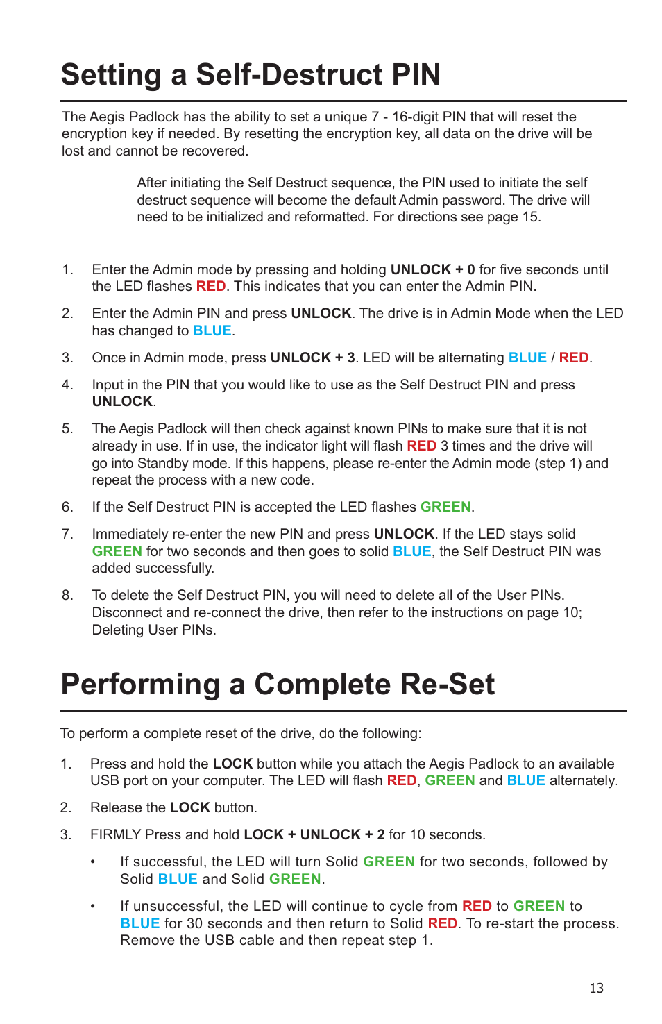 Setting a self-destruct pin, Performing a complete re-set | Apricorn Aegis Padlock SSD - USB 3.0 Solid State Drive User Manual | Page 13 / 21