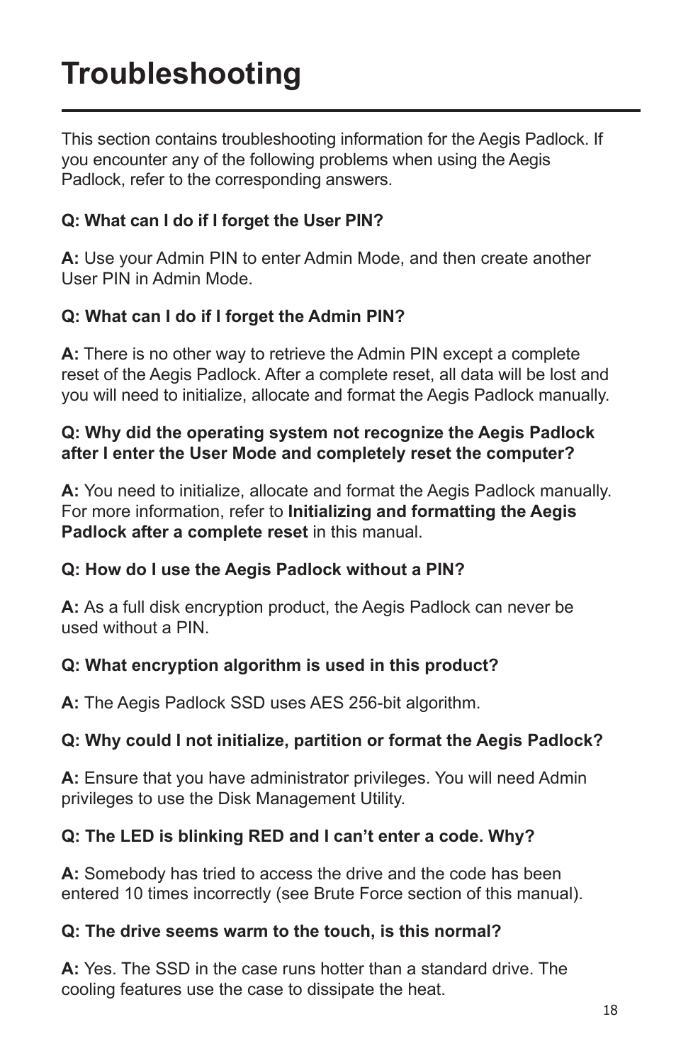 Troubleshooting | Apricorn Aegis Padlock SSD - USB 3.0 Solid State Drive User Manual | Page 18 / 21