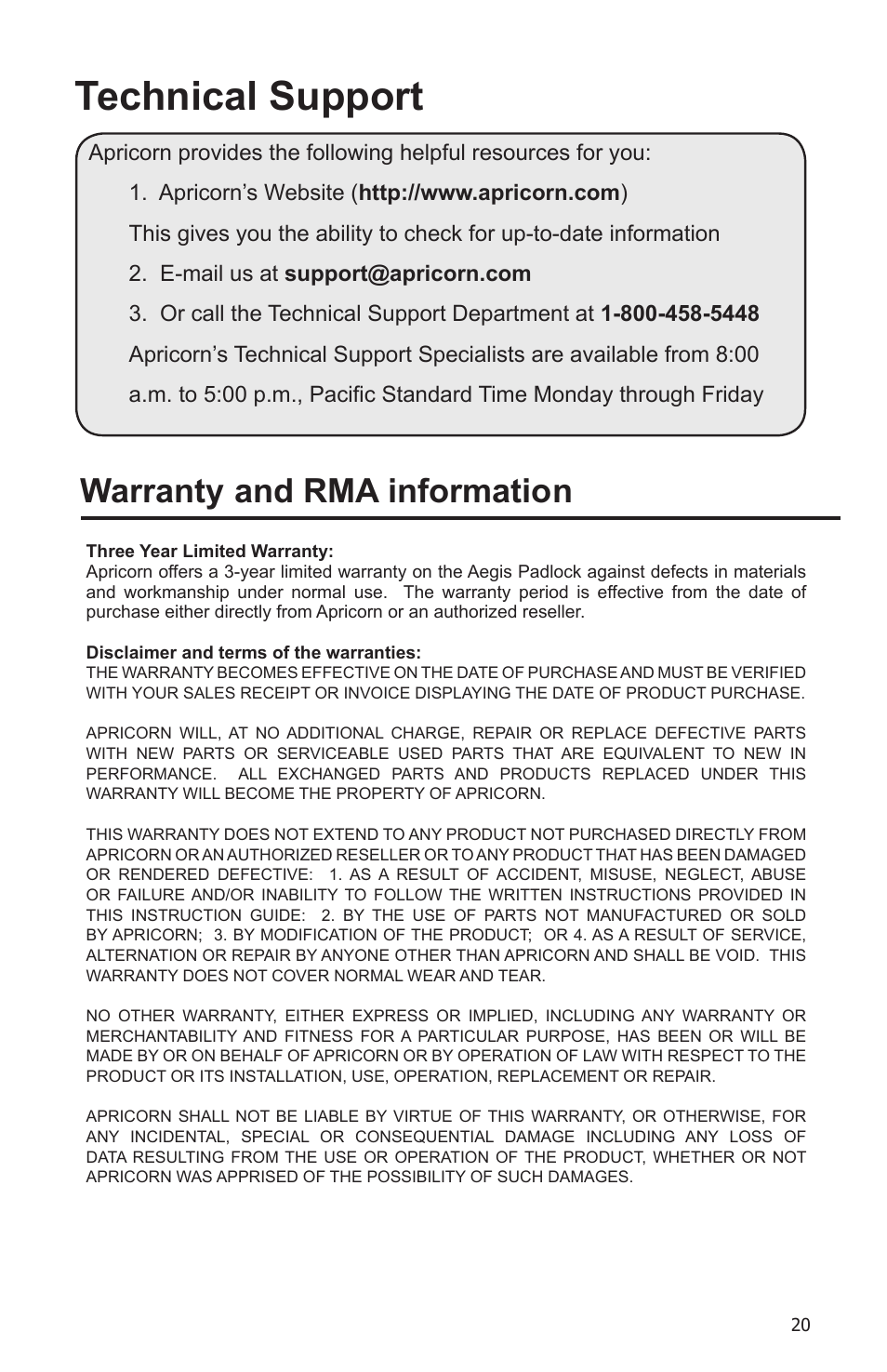 Technical support, Warranty and rma information | Apricorn Aegis Padlock SSD - USB 3.0 Solid State Drive User Manual | Page 20 / 21