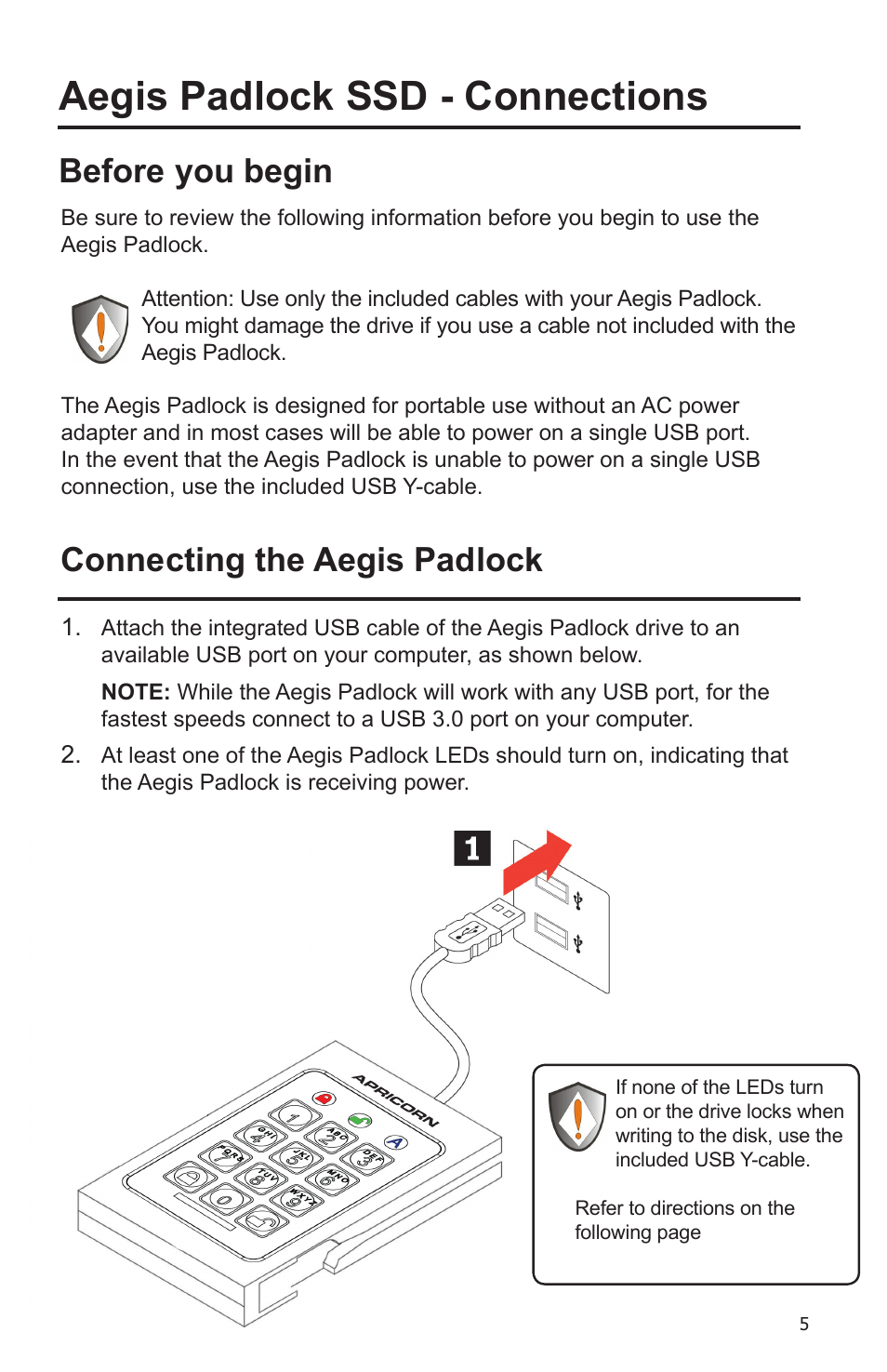 Aegis padlock ssd - connections, Before you begin, Connecting the aegis padlock | Apricorn Aegis Padlock SSD - USB 3.0 Solid State Drive User Manual | Page 5 / 21