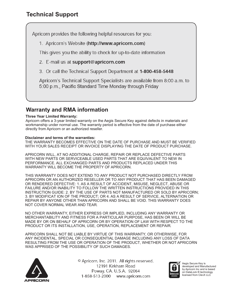 Technical support, Warranty and rma information | Apricorn Aegis Secure Key - USB 2.0 Flash Drive User Manual | Page 10 / 10