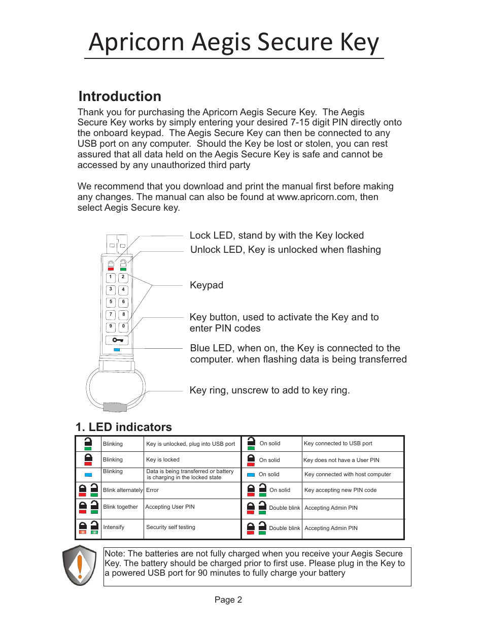 Apricorn aegis secure key, Introduction, Led indicators | Apricorn Aegis Secure Key - USB 2.0 Flash Drive User Manual | Page 3 / 10