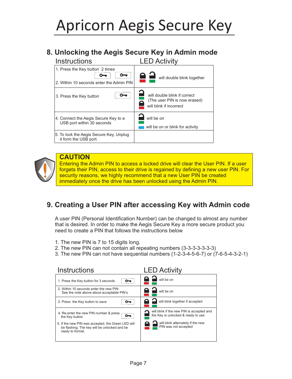 Apricorn aegis secure key, Unlocking the aegis secure key in admin mode, Instructions led activity | Caution | Apricorn Aegis Secure Key - USB 2.0 Flash Drive User Manual | Page 8 / 10