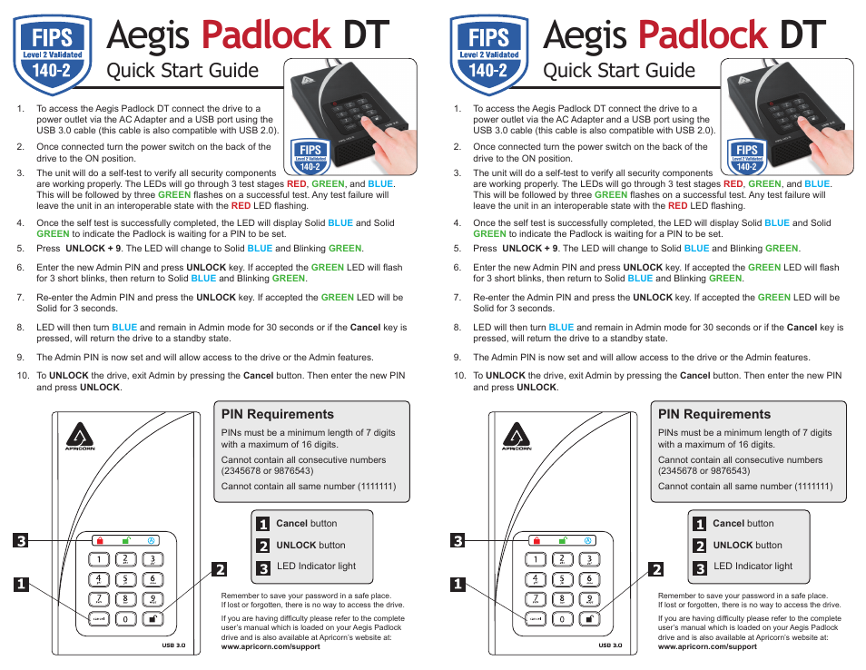 Apricorn Aegis Padlock DT FIPS - USB 3.0 Desktop Drive User Manual | 2 pages