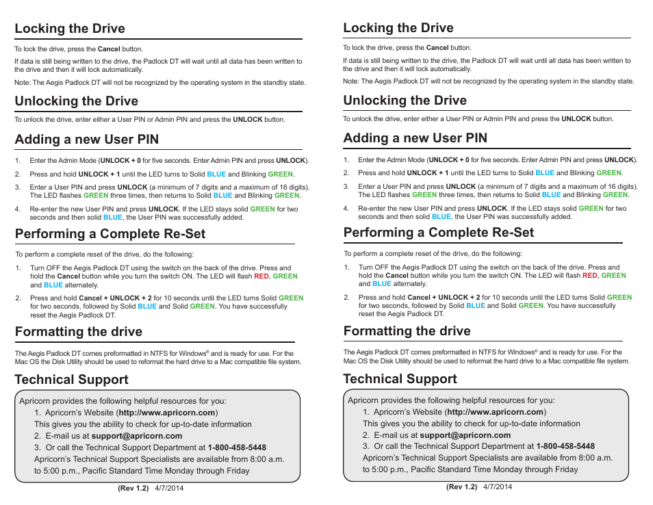 Locking the drive, Unlocking the drive, Adding a new user pin performing a complete re-set | Technical support, Formatting the drive | Apricorn Aegis Padlock DT FIPS - USB 3.0 Desktop Drive User Manual | Page 2 / 2