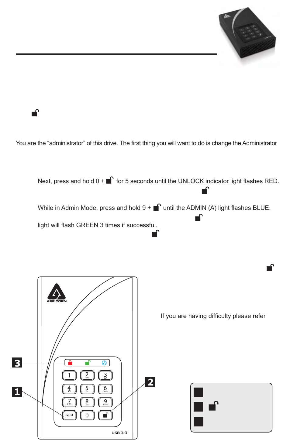 Apricorn Aegis Padlock DT - USB 3.0 Desktop Drive User Manual | 6 pages