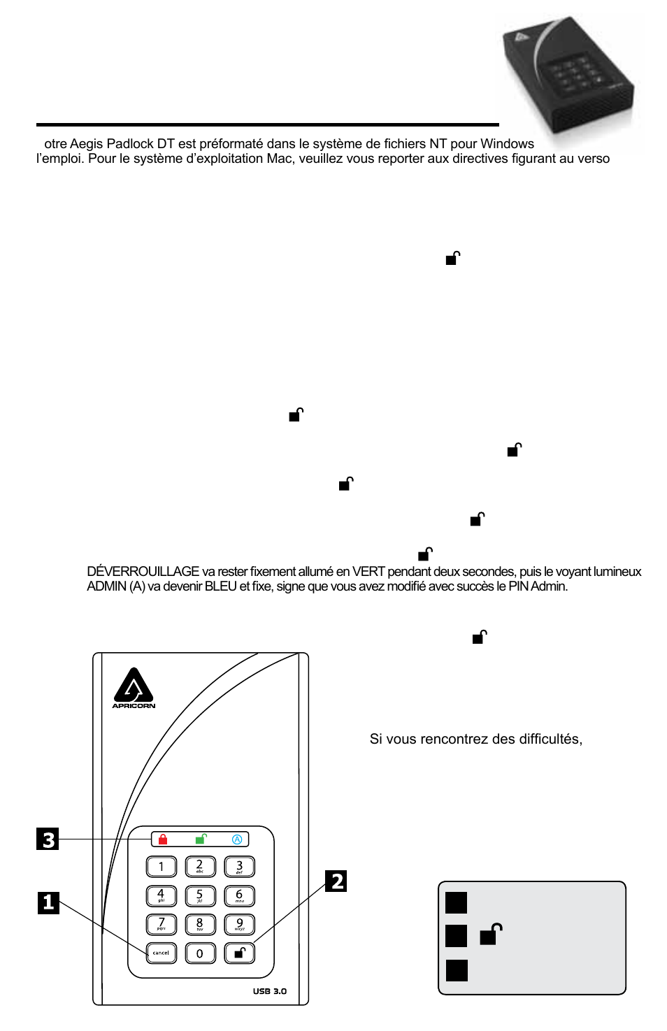 Aegis padlock dt, Guide de démarrage rapide | Apricorn Aegis Padlock DT - USB 3.0 Desktop Drive User Manual | Page 3 / 6