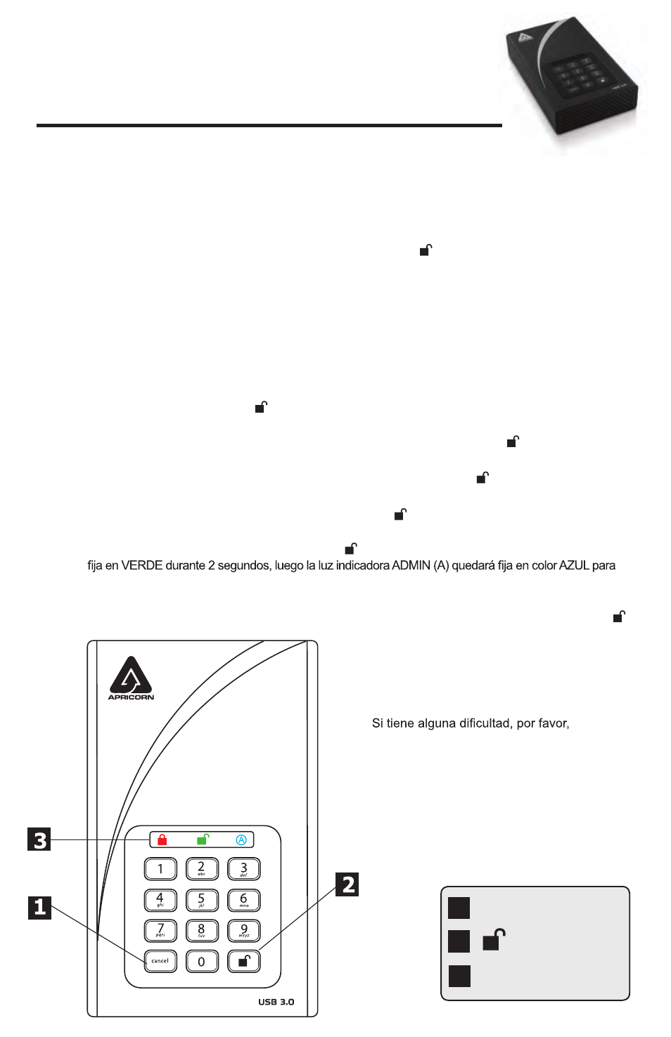 Candado aegis dt, Guía rápida de uso | Apricorn Aegis Padlock DT - USB 3.0 Desktop Drive User Manual | Page 5 / 6