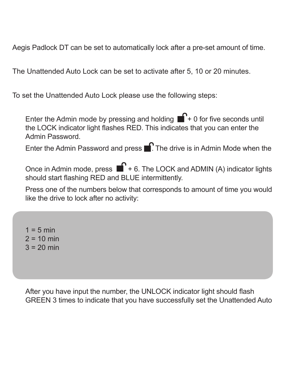 Setting the unattended auto lock feature | Apricorn Aegis Padlock DT - USB 3.0 Desktop Drive User Manual | Page 12 / 21