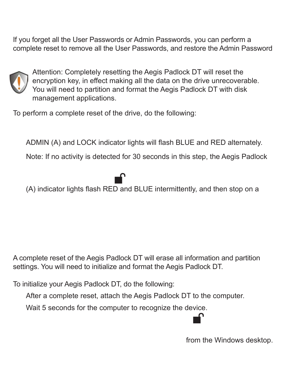Completely resetting the aegis padlock dt | Apricorn Aegis Padlock DT - USB 3.0 Desktop Drive User Manual | Page 15 / 21